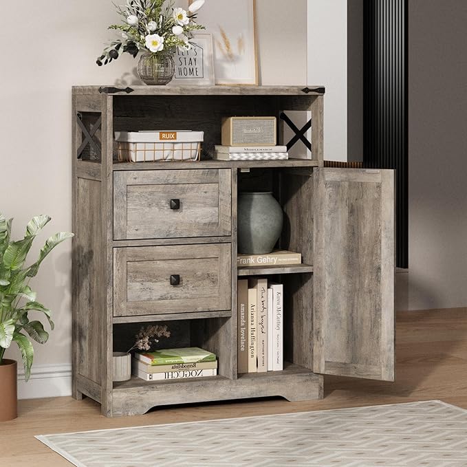 Fameill Farmhouse Storage Cabinet with 2 Drawers & Shelves,Freestanding Kitchen Cabinet with Doors,Floor Storage Organization for Living Room,Bathroom,Laundry,Grey