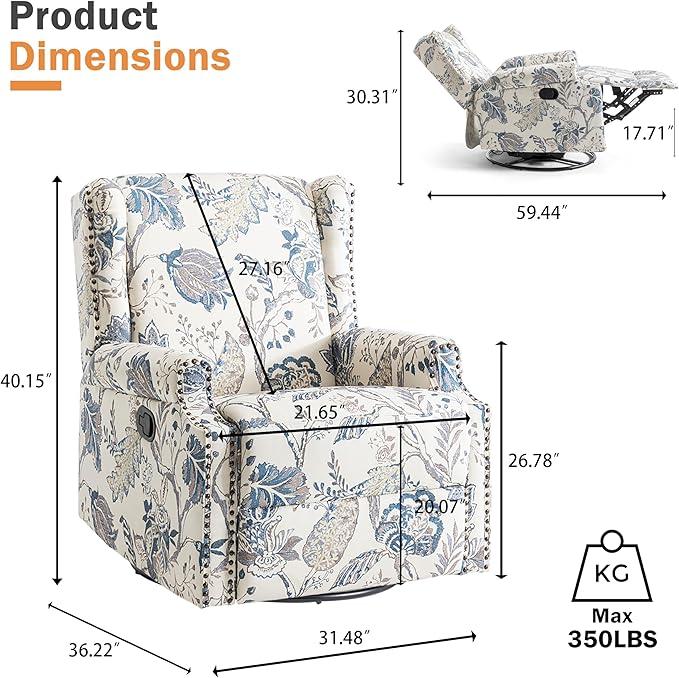 Swivel Glider Recliner Chairs Set of 2, High Back Rocker Reclining Accent Chair with Smooth Manual Mechanism for Nursery, Comfortable & Quiet Upholstered Armchair Seating-Bule Plant