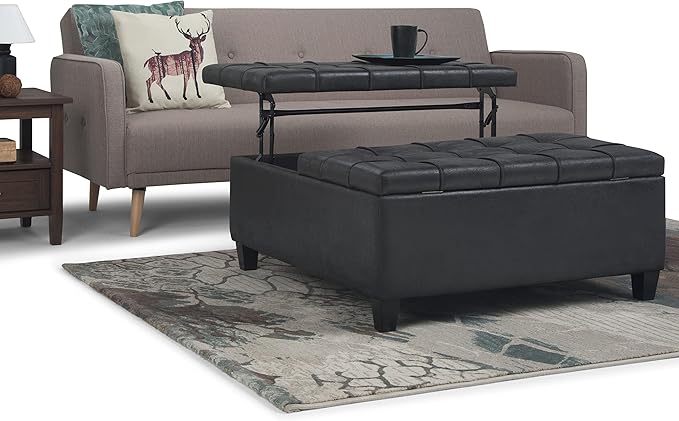 SIMPLIHOME Harrison Coffee Table Storage Ottoman - 36 inch Wide Upholstered Vegan Leather Square Lift-Top Ottoman in Distressed Black, Transitional Ottoman for Living Room with Hidden Storage