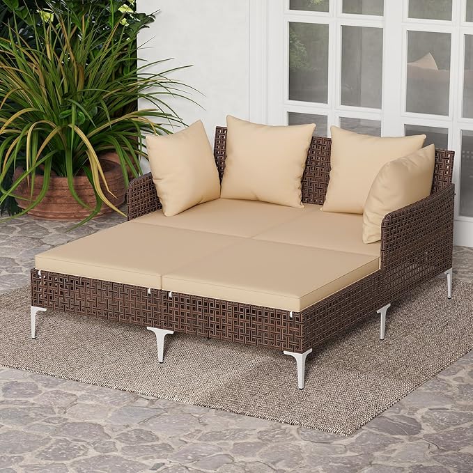 HAPPYGRILL Outdoor Patio Daybed PE Rattan Sunbed with Pillows and Cushions, Heavy-Duty Metal Frame, Outdoor Bed Lounger for Porch, Backyard and Poolside (Beige)