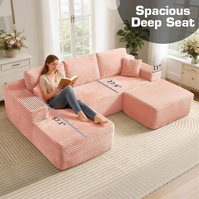 106" Cloud Sectional Couch with L-Shape Chaise & Ottoman, No Assembly Modular Sofa, Deep Seat Plush Corduroy Boneless Couched for Living Room (Pink Plush Corduroy, Left Facing Chaise with Ottoman)
