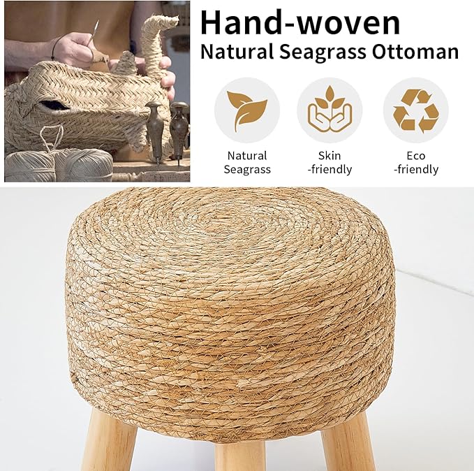 Round Ottoman Natural Seagrass Footstool, Round Footstool with 4 Wood Legs, Hand Woven Round Footstool Sofa Stool, Multifunctional Modern Dressing Stool, Sofa Side Table for Bedroom (Nature)