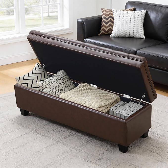 50" Faux Leather Storage Ottoman Bench, Rectangular End of Bed Storage Bench, Upholstered Large Tufted Ottoman with Storage for Living Room, Bedroom, Entryway,Dark Brown