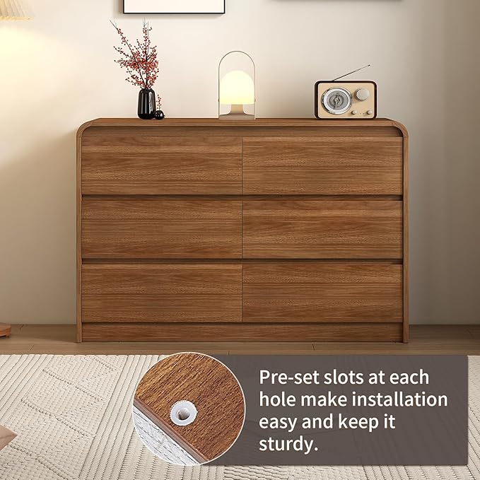 55 Inch Dresser For Bedroom 6 Drawer Wood Chest of Drawers - Curved Anti Collision, Mid Century Dresser For Closet with Natural Texture & Pre-Embedded Slots for TV Stand, Living Room, Nursery