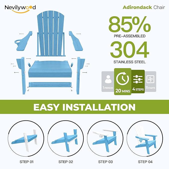 nevilywood Folding Adirondack Chair with Cup Holder Set of 2,All-Weather Adirondack Chair,Patio Chair,HDPE-Wooden Textured Lawn Chair- Light Blue