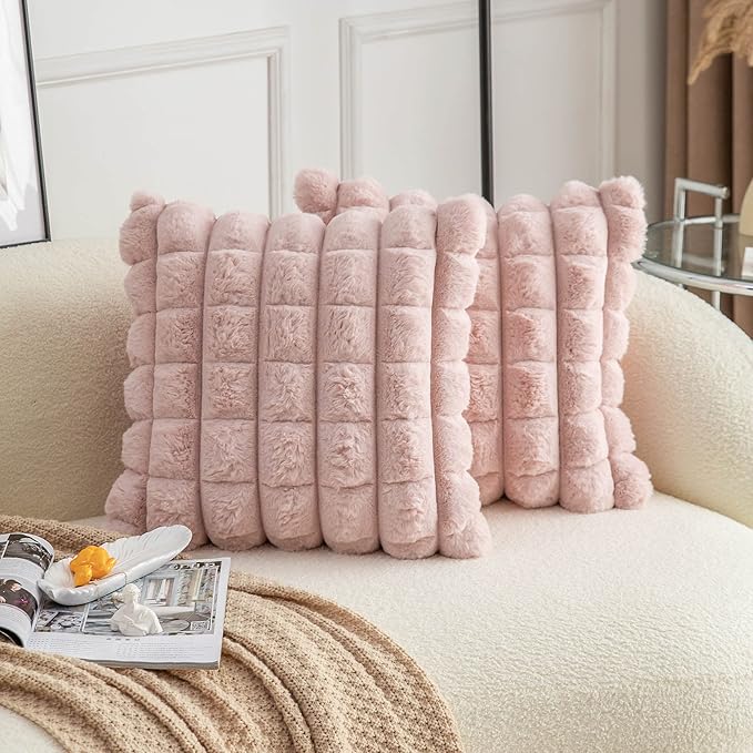 Neelvin Pink Faux Fur Cozy Soft Plaid Decorative Throw Pillow Covers 20x20 inch Set of 2,Velvet Pillowcase Cushion Case for Sofa Couch