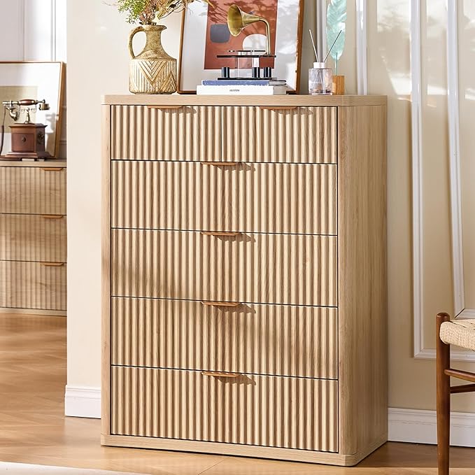 LEYAOYAO Fluted 6 Drawers Dresser for Bedroom, 42" Tall Modern Chest of Drawers with Metal Handle, Curved Profile Design,Natural Wood Drawer Organizer for Bedroom, Living Room, Hallway, Entryway