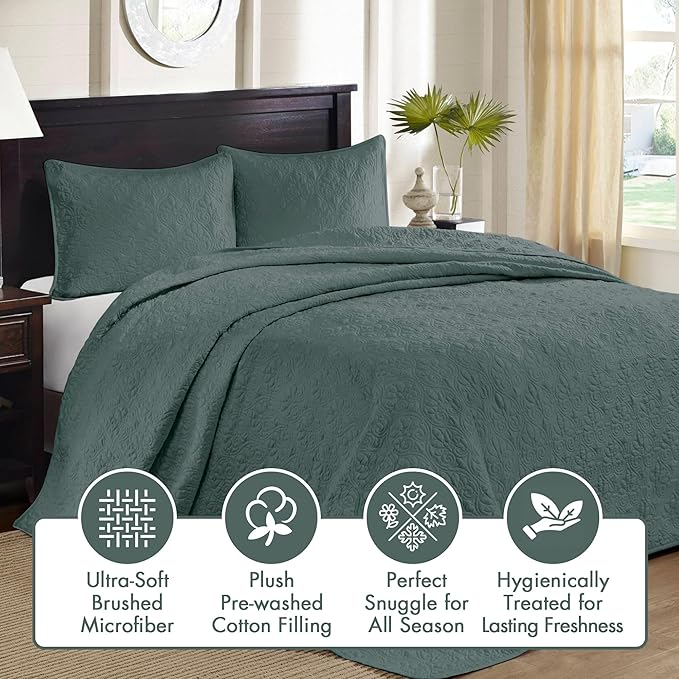 Madison Park King Bedspread Set Reversible Damask Quilted Oversized Coverlet, Cotton-Filled Quilts Oversized, All Season, Lofty & Warm Bedspread, Quebec, Balsam Green 3 Piece