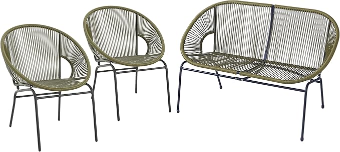 Christopher Knight Home Dessa 3 Piece Patio Furniture Set, Patio Wicker Accent Chair Set of 2 and Loveseat, Metal Frame 4 Seater Outdoor Papasan Lounge Chair Set, PE Rattan Outdoor Bistro Set, Green