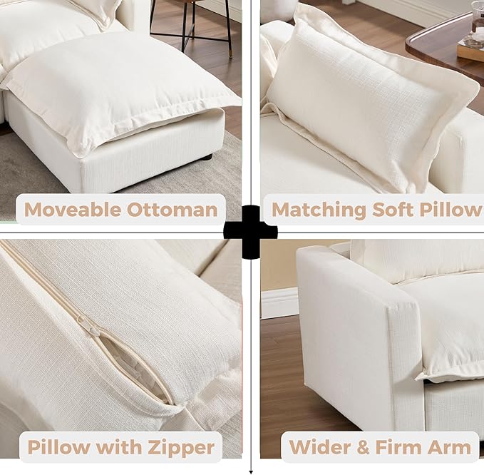 chairus 126" Modular Sectional Sofa with Moveable Ottoman Upholstered Deep Seat Linen Couch Set with Soft Pillows L-Shape Sofa Couch for Living Room, Apartment, Reception Room, 4-Seater/White