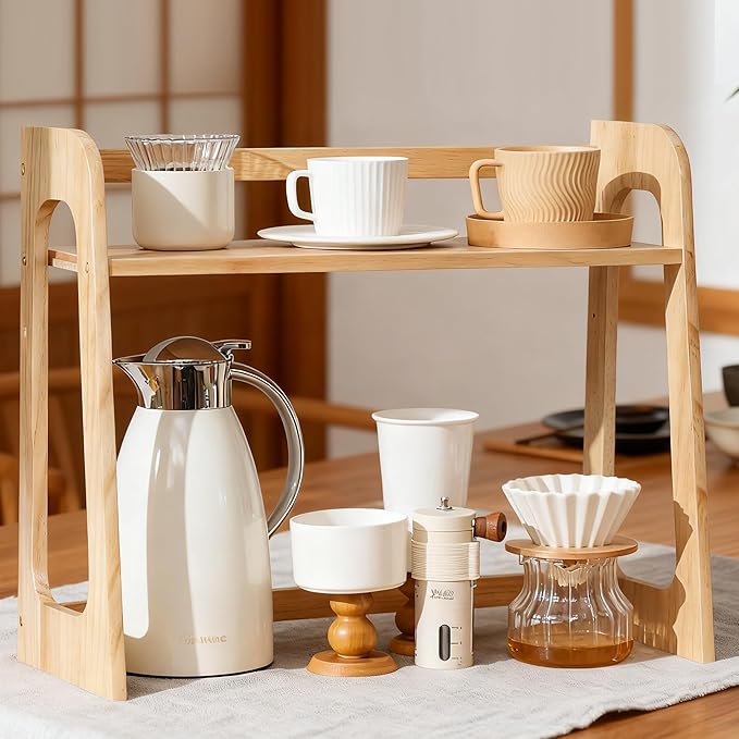 Double-tier bookshelf, book storage rack, 17.5-inch multifunctional desktop solid wood bookshelf and countertop display stand. Ideal for kitchen organization, tidying books, teacups, and toys.