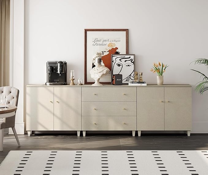 WAMPAT Sideboards Buffet Cabinet, 3-in-1 Wood Wide Credenza Storage Cabinet with Doors and Drawers, Modern Kitchen Coffee Bar Table with Storage for Living Room Dining Room, Beige Linen