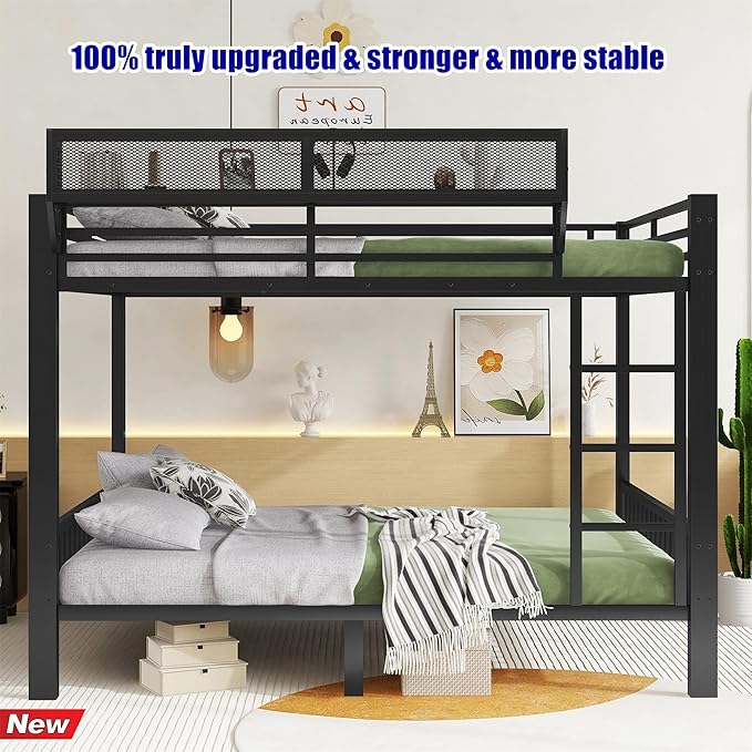 Higher Quality & Stronger Metal Queen Over Queen Bunk Bed, Thickened Heavy Duty More Stable Safer Black Steel Bunkbed Bunk Queen Bed (Easier to Assemble) (Queen Over Queen)