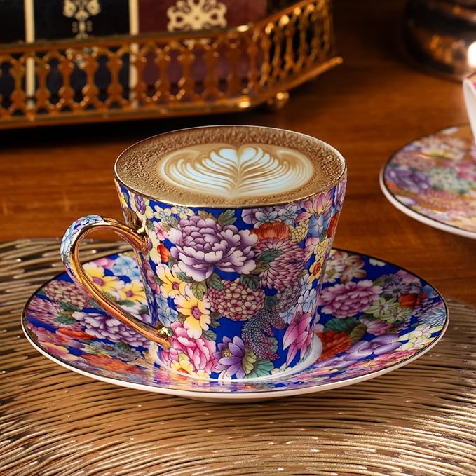KAMMAK Tea Cups and Saucers Set of 2, Porcelain Coffee Cup with Saucer for Espresso, Cappuccino, 7.5oz Vintage Yellow Floral Ceramic Demitasse Mug for Home, Tea Party, Office