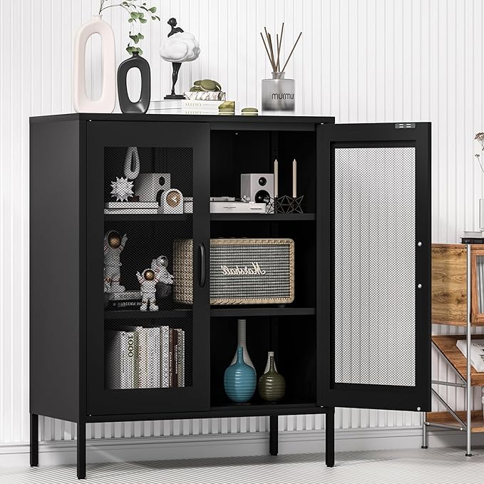 Black Metal Storage Cabinet with Mesh Doors, Small Office Storage Locker with 2 Adjustable Shelves, Accent Metal Locker Cabinet for Home, Office, Living Room, Hallway