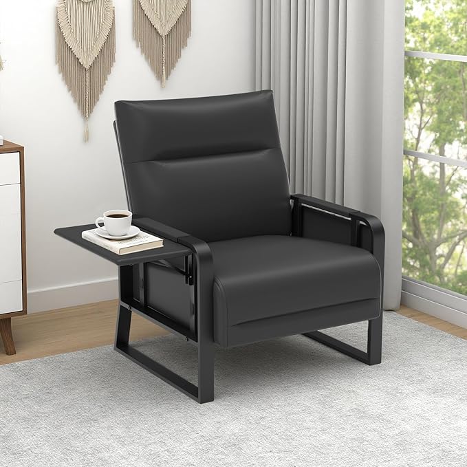 Upholstered Accent Chair, Modern Faux Leather Sofa Chair with Foldable Side Tray Table & Storage Pocket, Small Accent Sofa for Living Room, Bedroom, Reception Room, Black