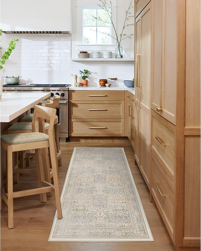 RUGGABLE x Morris & Co Machine Washable Runner Rug – Blackthorn Ivory Blue 2.5x10, Stain-Resistant, Non-Slip – Washable Rug for Hallway, Entryway, Living Room & Kitchen–with Standard Pad