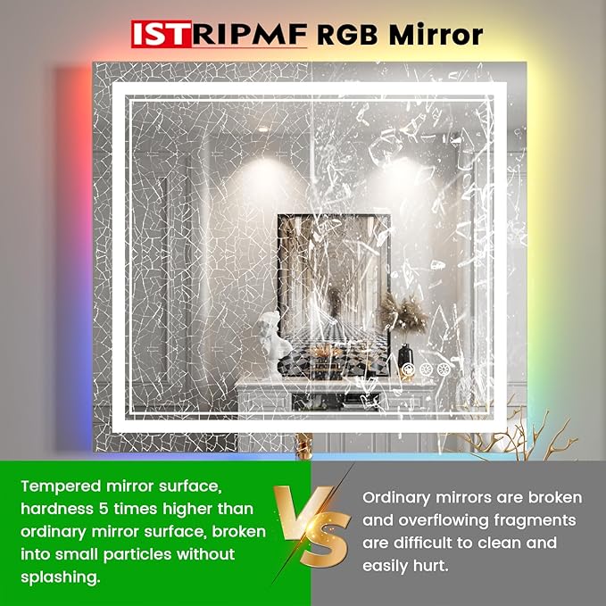 40x38 inch LED Bathroom Mirror with RGB Lights Color Changing Backlit Mirror Shatterproof Dimmable Anti-Fog Lighted Vanity Mirror (RGB Multicolor Backlit + Adjustable Front-Lighted)