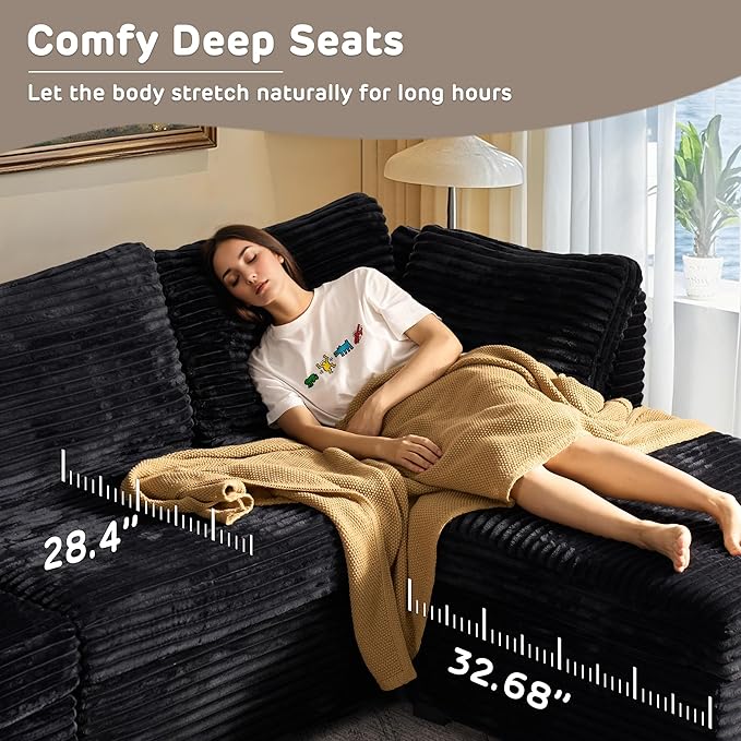 98" Modular Sofa with Swivel Chairs, Modern L Shape Cloud Sectional Couch Plush Corduroy 5 Seater Deep Seat Sofas Set & Accent Armchair Set of 2 for Living Room, Black