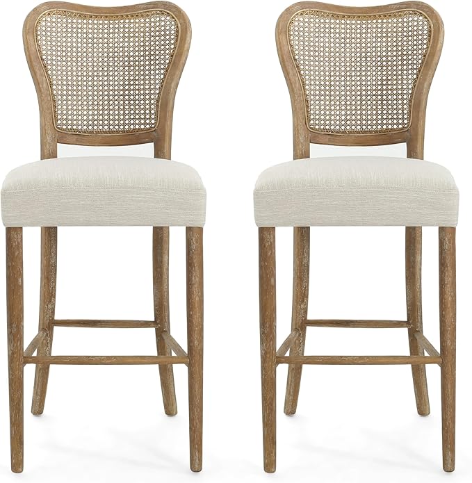 Christopher Knight Home Collda Modern Upholstered Barstools, Wicker Backrest, Vintage Classic Style for Home Bar, Living Room, Kitchen Counter (Set of 2), Dark Brown+Beige