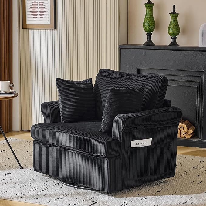 Karl home 39" Swivel Accent Chair,Oversized Seat Armchair W/2 Pillows and 4 Pockets,Modern Upholstered Corduroy Barrel Chairs,Comfy Single Sofa for Living Room,Reading,Bedroom and Office -Black