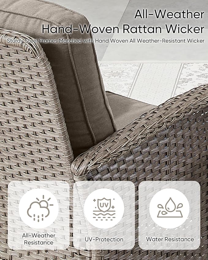 HUMMUH Patio Furniture Wicker Outdoor Furniture Sets High Back Outdoor Glider Bench with Patio Swivel Chairs Patio Conversation Sets for Deck Lawn Porch Balcony Poolside-Grey/Grey