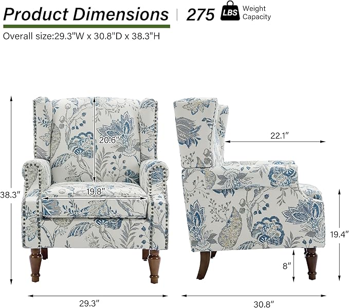 Accent Chair, Upholstered High Back Floral Armchair with Nailhead Trim & Wood Legs, Comfy Wingback Reading Single Sofa Chair for Small Spaces, Living Room, Bedroom ( Plants Blue Floral, Set of 2)