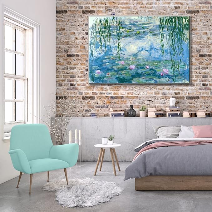 Wieco Art Extra Large Silver Framed Canvas Print Water Lilies by Claude Monet Paintings Reproduction Modern Canvas Wall Art for Home and Office Decoration Abstract Artwork