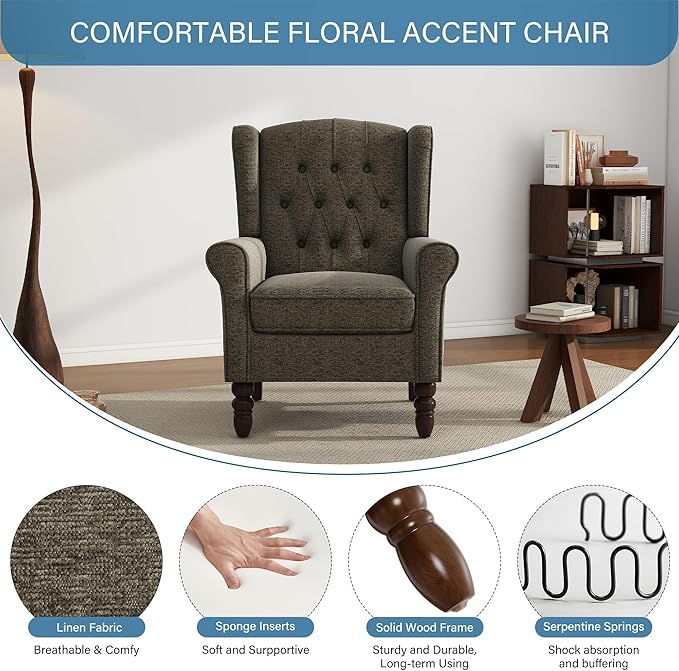 UIXE High Back Accent Chair, Fabric Upholstered Armchair Comfy Wingback Arm Club Chair for Living Room, Retro Single Sofa Bedroom Reading Seat with Solid Wood Legs - Taupe