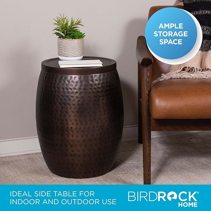 BIRDROCK HOME 20 in Metal Storage Side Table | Hammered | 15.96 in D | End Tables | Home Furniture | Removable Lid | Copper Antique