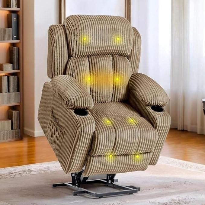 FLEXISPOT XL31 Power Lift Recliner Chair for Elderly, Electric Lift Chair with Massage & Heat, Corduroy Reclining Sofa w/Cup Holders, Side Pockets for Living Room Bedroom(Medium Size,Khaki)