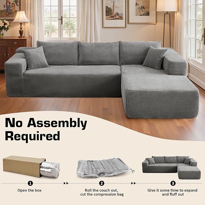 106" Cloud Sectional Couch with Chaise Lounge,L Shaped Modular Modern Sofa,Comfy Corduroy Fluffy Couches with Deep Seat,No Assembly Required Couch for Living Room(Right,Stripe Corduroy,Gray)