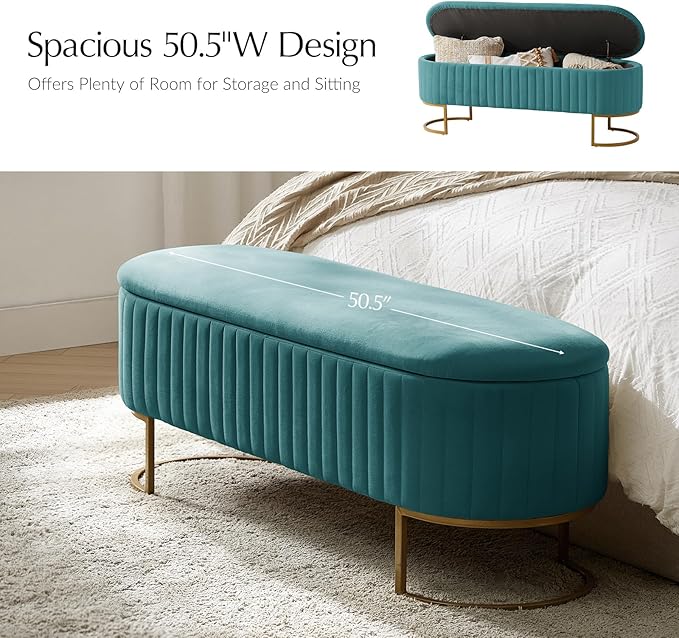 EcoHarbor Living 50.5" Storage Bench Hallway Ottoman,Upholstered End of Bed Bench Velvet with Gold Legs,Flipping Lid Entryway Footrest