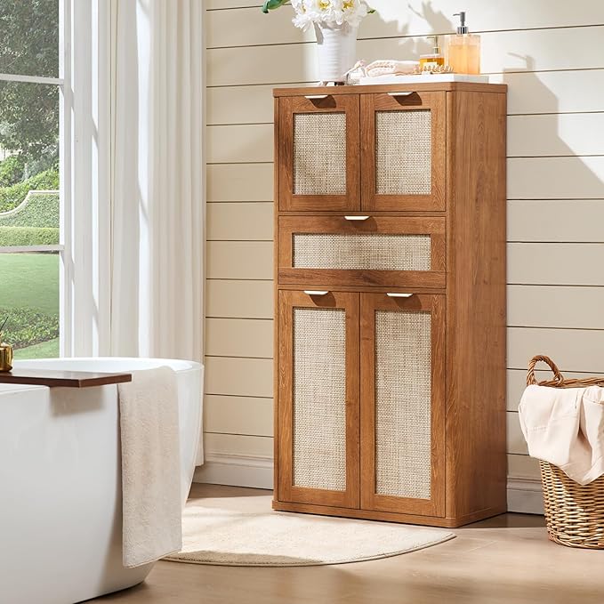 LEYAOYAO 48" Tall Storage Cabinet Set of 2,Rattan Bathroom Floor Cabinets with 4 Doors & 1Drawer,Boho Kitchen Pantry with Adjustable Shelves,Wooden Cupboard for Living Room,Home Office,Brown