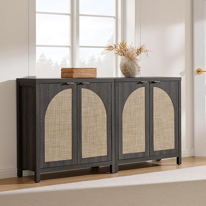 SICOTAS Rattan Sideboard Buffet Cabinet with Storage, Modern Credenza Storage Cabinet with Arch Doors & Adjustable Shelves, Coffee Bar Media Console Cabinets for Kitchen, Living Room, Black Oak