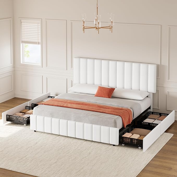 Garvee Queen Size Bed Frame with 4 Storage Drawers, Adjustable Height Headboard, Linen Upholstered Platform Bed Frame, No Box Spring Needed, Easy Assembly, White