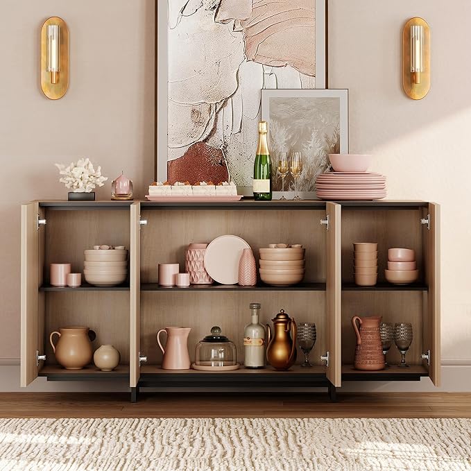 WAMPAT Modern Sideboard Buffet Cabinet with 4 Doors, Multifunctional Sideboard with Large Storage and T-Shaped Legs, Coffee Bar Cabinet Storage Cabinet for Kitchen, Living Room, Light Oak
