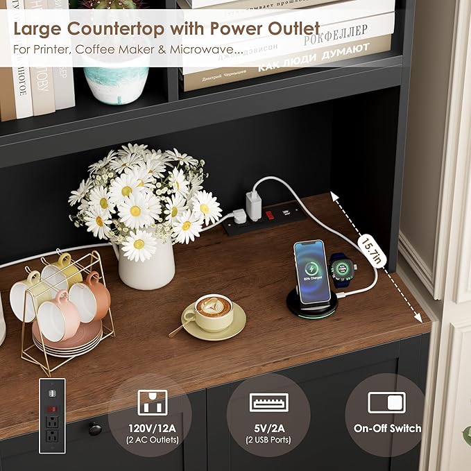 HIFIT 72'' Tall File Bookcase with Power Outlet & Printer Stand, 2 Drawer Filing Cabinets for Home Office Fit Hanging A4 File, Storage Cabinet w/ 3 Tier Open Book Shelf & Doors for Living Room, Black