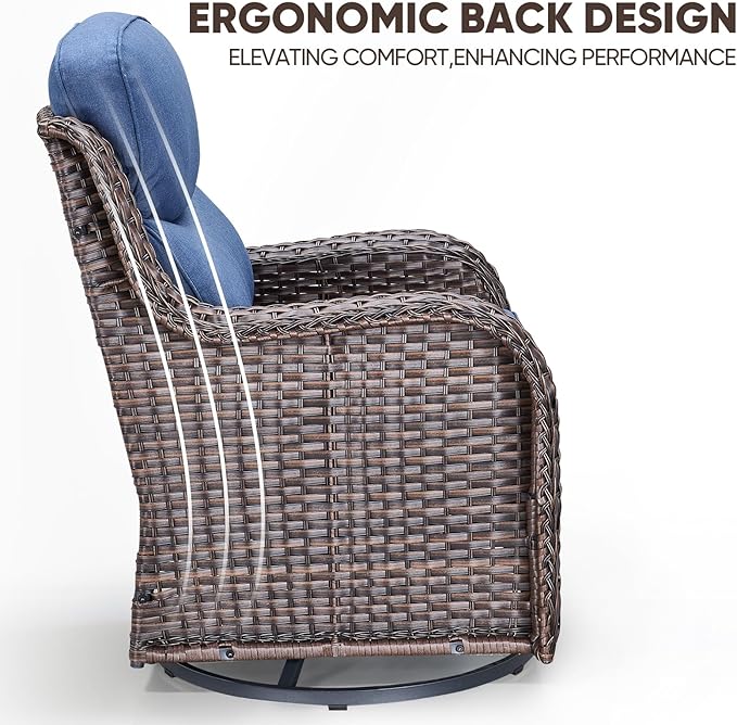 Swivel Patio Chairs sofa Set of 9 with 6" Thick Cushion - Wicker Outdoor Swivel Rocker Patio Chair ,Sofa/Glass coffee table, High Back Comfortable Outdoor Glider Chairs -Brown Wicker Blue Cushion