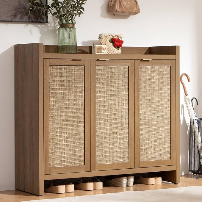 SICOTAS Shoe Storage Cabinet, 30 Pairs Rattan Shoe Cabinet Storage for Entryway, 6-Tier 41" Tall Large Shoe Cabinet, Boho Farmhouse Cabinet with Doors for Entryway Hallway Living Room Closet
