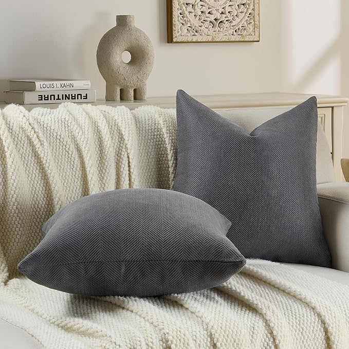 FUTEI Dark Grey Chenille Throw Pillow Covers 20x20 Inch Set of 2,Soft Wide Chevron Textured Cushion Case,Farmhouse Home Decor for Couch Bed Living Room