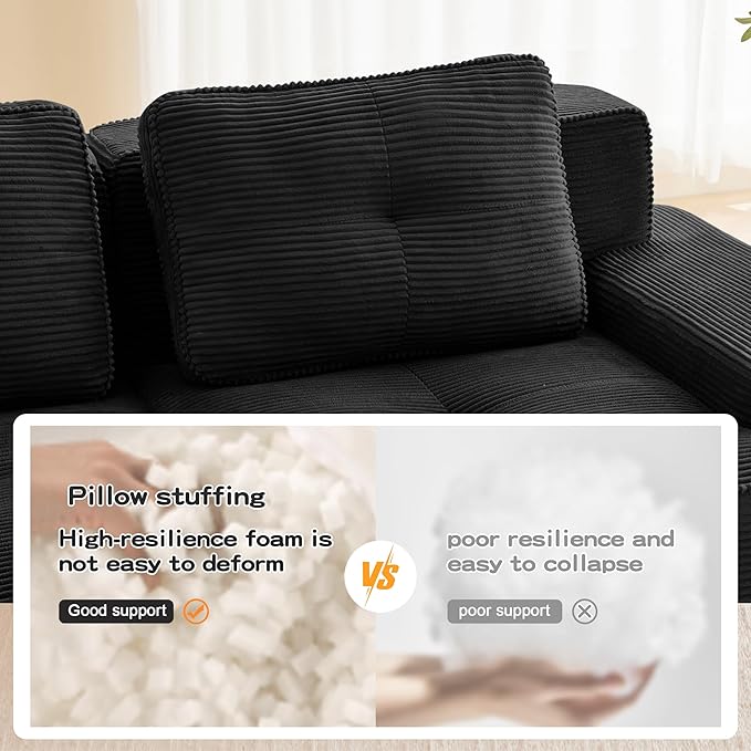 80.3” Black Boneless Couches for Living Room, Modular Sectional Sofa, 2 Seater Comfy Upholstered Loveseat Deep Seat Corduroy Fabric Cloud Couch No Assembly, Anti-Slip Design