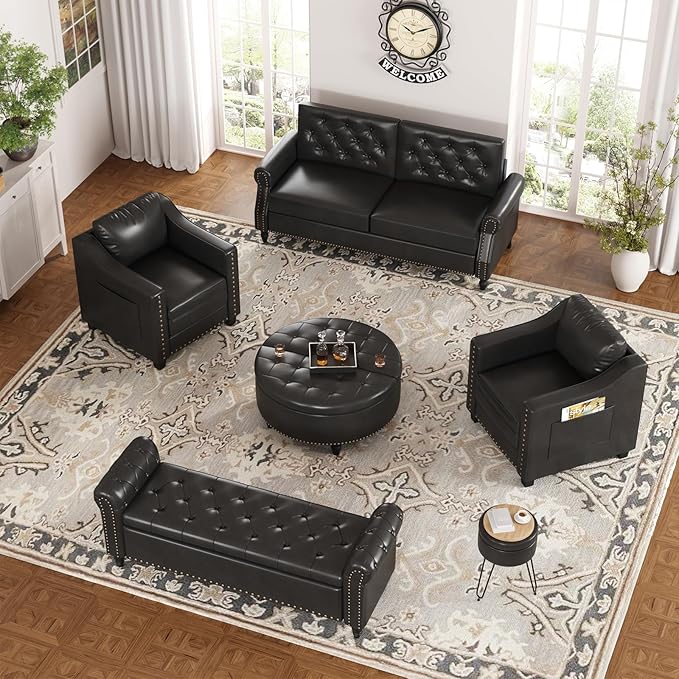 Mid Century Modern Accent Chair, 30 Inches PU Leather Armchairs, Barrel Chair Living Room Chairs Club Chair with Cushion Reading Chair for Bedroom, Apartment, Reading Room, Black