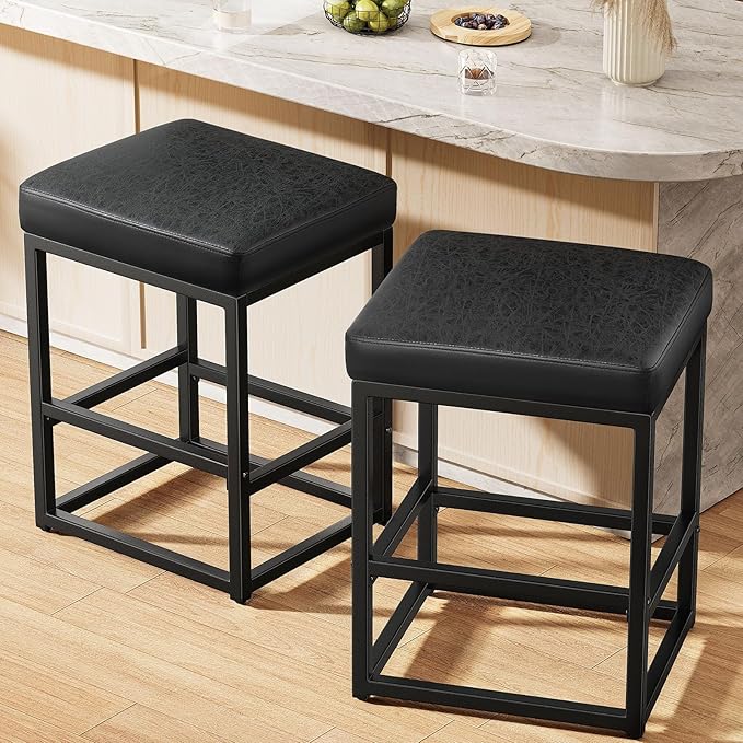 Counter Height Bar Stools Set of 2, 24" Barstools for Kitchen Countertop, Faux Leather Counter Stools with Thick Square Seats & Sturdy Metal Base, Simple Assembly, Black