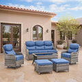 Swivel Patio Chairs sofa Set of 6 with 6" Thick Cushion - Wicker Outdoor Swivel Rocker Patio Chair ,Sofa/Glass coffee table, High Back Comfortable Outdoor Glider Chairs - Gery Wicker Blue Cushions