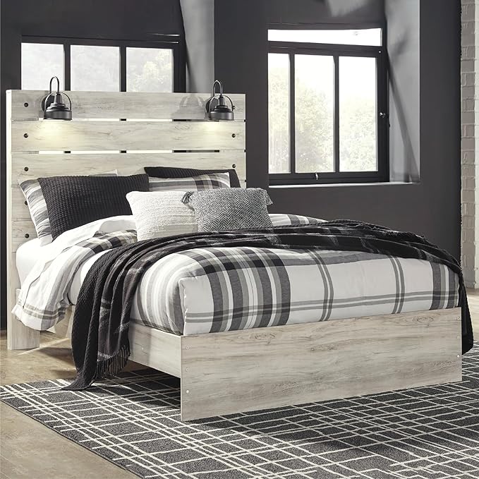 Signature Design by Ashley Cambeck Farmhouse Queen Panel Bed with LED Sconce Lights and USB Charging Ports, Open Slat Styling, Foundation or Box Spring Needed, Wood, Whitewash Finish