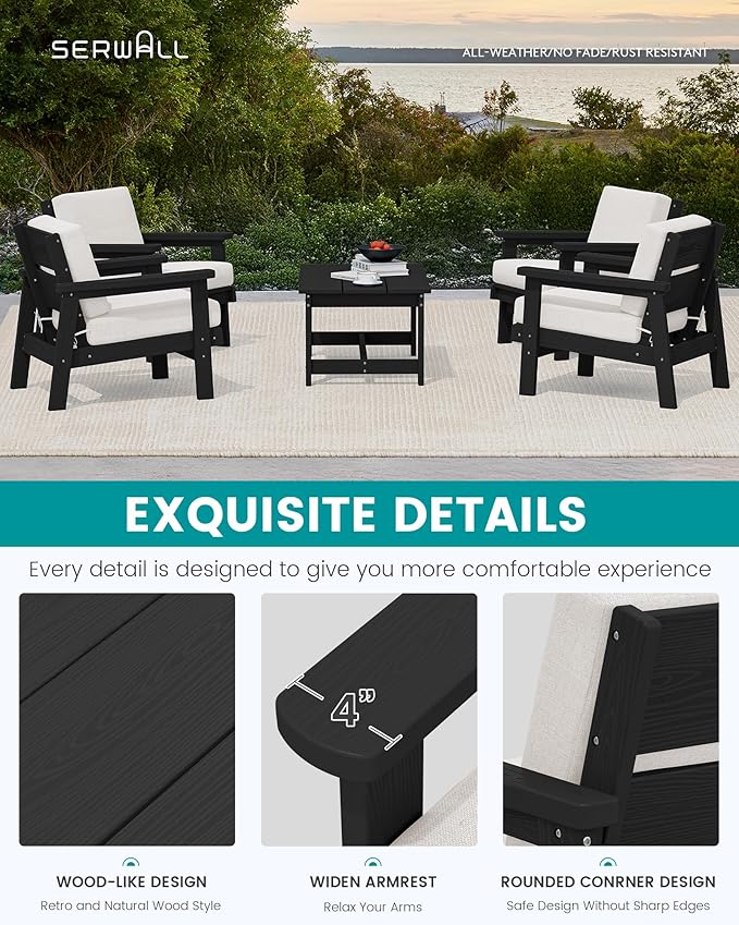 SERWALL Outdoor Patio Furniture Set, 5 Piece HDPE Patio Conversation Sets, All-Weather Wood-Like Outdoor Couch Loveseat and Coffee Table with Thick Cushions for Porch Balcony Garden Backyard