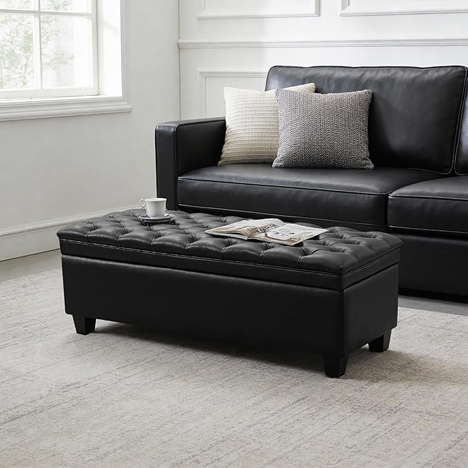50" Faux Leather Storage Ottoman Bench, Rectangular End of Bed Storage Bench, Upholstered Large Tufted Ottoman with Storage for Living Room, Bedroom, Entryway,Black