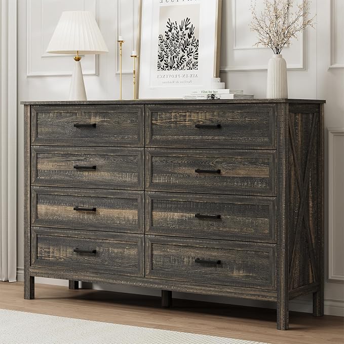 LYNSOM Farmhouse 8 Drawer Dresser for Bedroom, 55 Inch Wide Wood Rustic Chest of Drawers with X-Marking & Bar Handle, Large Storage Dressers Organizer for Bedroom, Living Room, Dark Rustic Oak