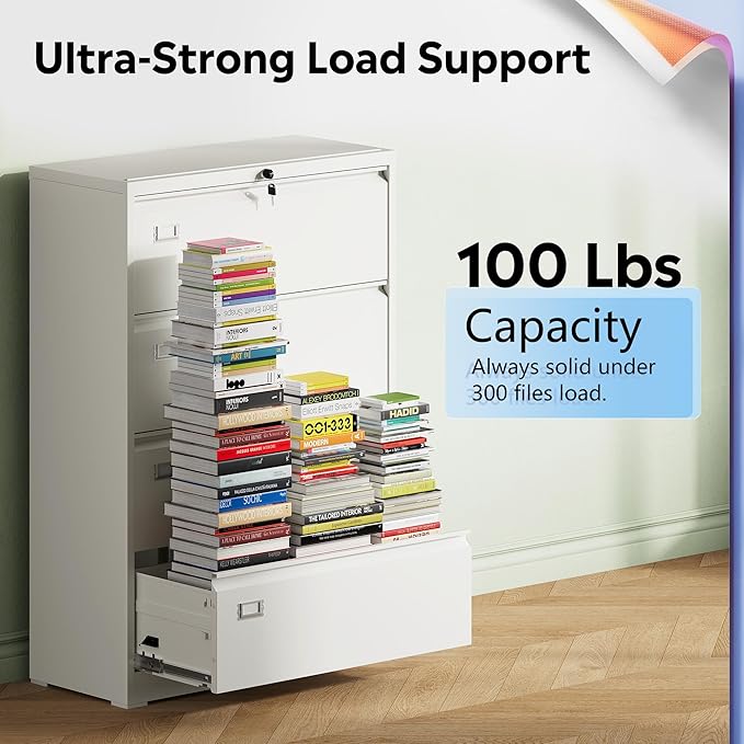 DEVAISE 4 Drawer Lateral File Cabinet with Lock, Metal Filing Cabinets for Home Office, 16" D x 35" W x 52" H Wide Storage Organization for Hanging Files Letter/A4/Legal/F4 Size, White